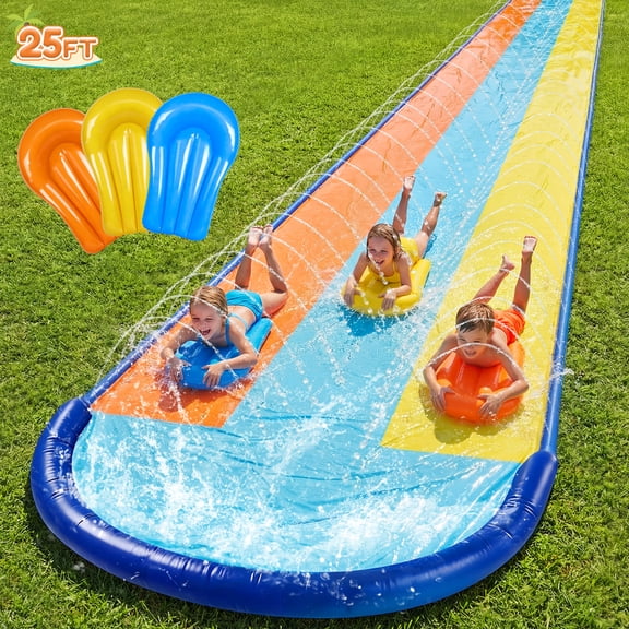 Teblint 25FT Triple Lawn Water Slides, Heavy Duty Water Slip Splash Pad with Built in Sprinkler & 3 Bodyboards for Backyard Outdoor Water Fun Toys for Kids Adults