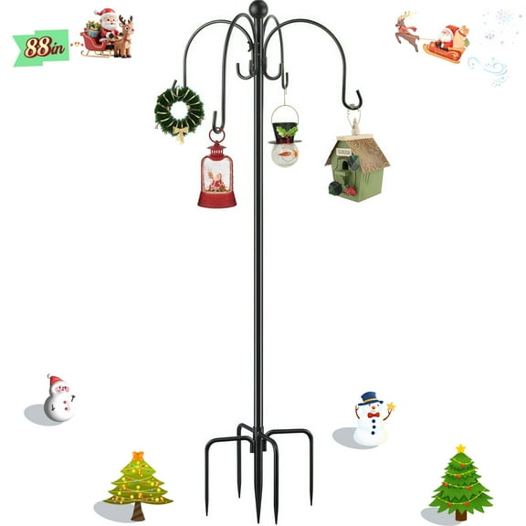 Teblint 88" Heavy Duty Shepherds Hooks for Outdoor, 4-Hook Adjustable Bird Feeder Pole with Reinforced 5-Prong Base, Garden Hanger Stand for Bird Feeders, Hanging Plants, Solar Lights & Lanterns