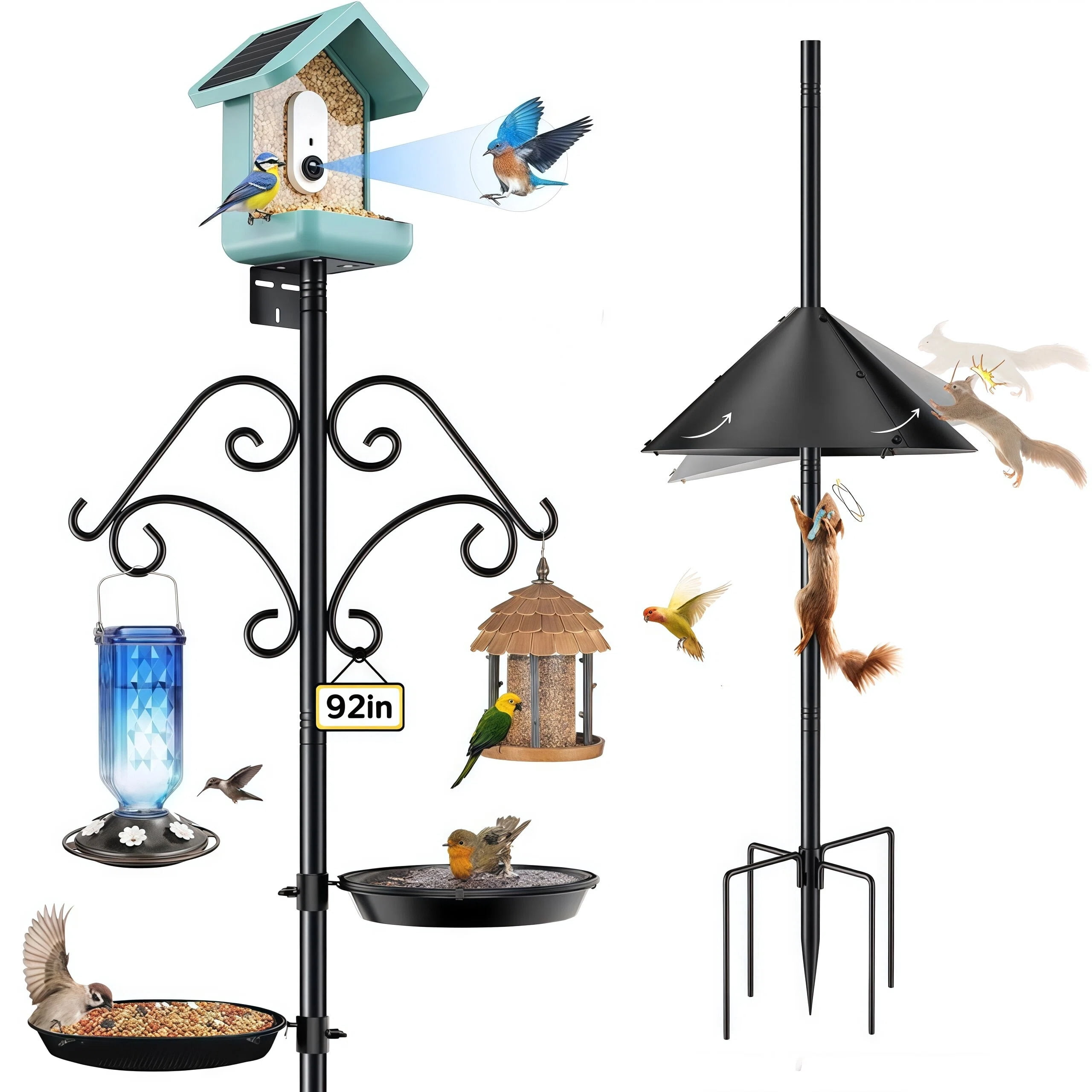 Teblint 92" Bird Feeding Station, Heavy Duty Bird Feeder Pole Bird House Stand Mount Kit with Squirrel Proof Baffle Shepherd Hooks for Outdoor, Adjustable Feeder Stand for Attracting Wild Birds
