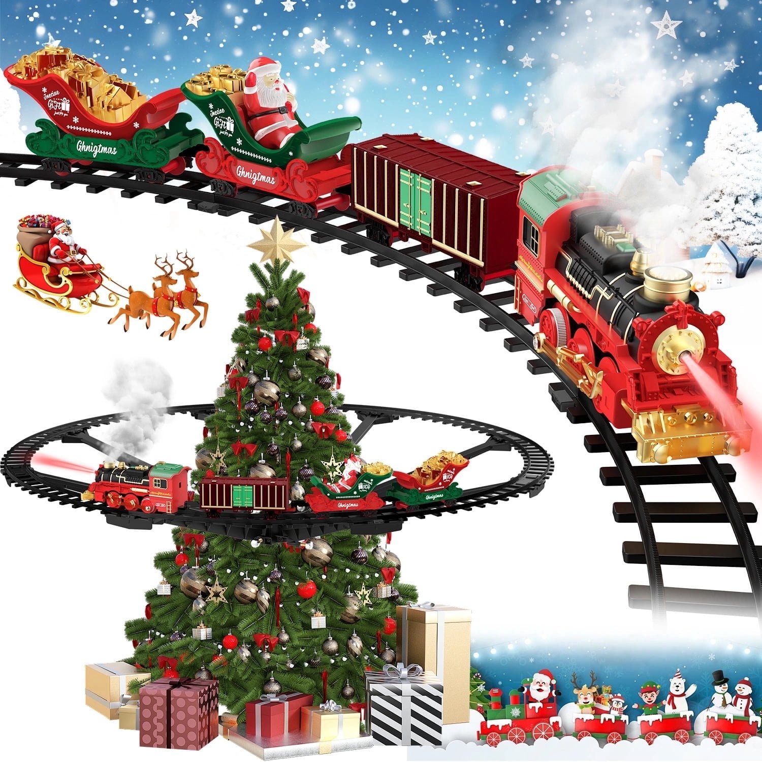 Teblint Christmas Train Set RRK150, Hanging & Under Tree, Smoke, Light ...