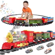 Teblint Christmas Train Set Toys, Electric Train Toys with Smoke, Lights, Sounds, Rechargeable Toy Train Steam Locomotive with Cargo Cars & Tracks Christmas Bir