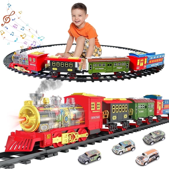 Teblint Red Electric Train Set with smoke, lights, sounds, rechargeable locomotive, cargo cars, tracks and mini cars