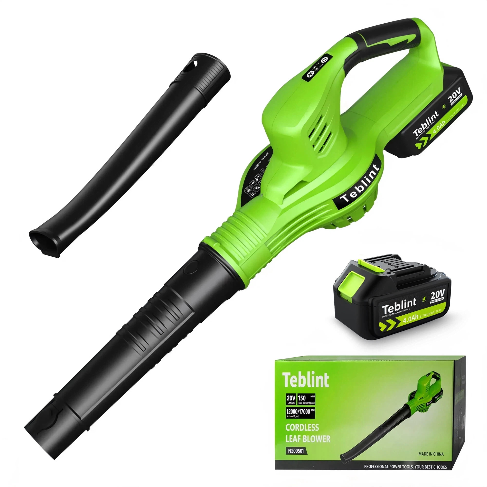 Teblint Cordless Leaf Blower, 150MPH 350 CFM 20V Electric Leaf Blower with 4.0Ah Battery & Charger, Battery Powered Leaf Blower for Snow Blowing, Lawn Care, Patio, Garden Cleaning(Green)