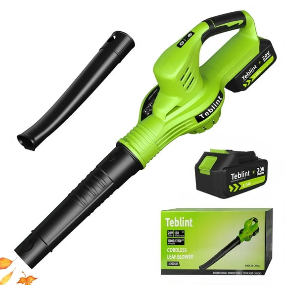 Teblint Cordless Leaf Blower, 150MPH 350 CFM 20V Electric Leaf Blower with 4.0Ah Battery & Charger, Battery Powered Leaf Blower for Snow Blowing, Lawn Care, Patio, Garden Cleaning(Green)