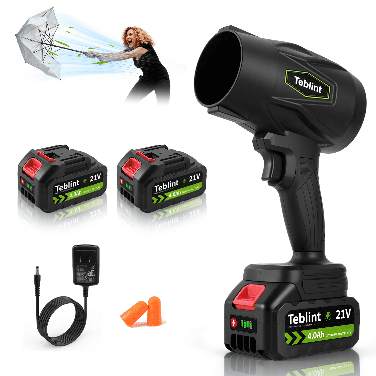 Teblint Electric Cordless Leaf Blower, 370CFM & 150MPH Handheld Leaf Blower for Lawn Care- 310K RPM, 2 x 4.0Ah Batteries, Charger, Adjustable Speed, for Patio Cleaning Blowing Leaves & Dust, Black