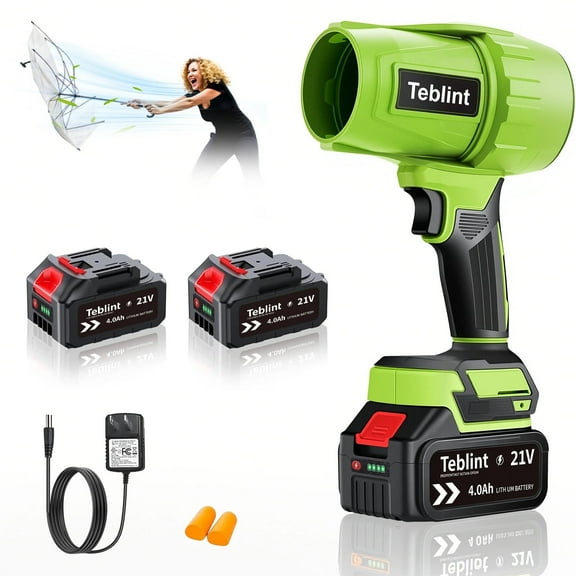 Teblint Electric Cordless Leaf Blower, 370CFM & 150MPH Handheld Leaf Blower for Lawn Care- 310K RPM, 2 x 4.0Ah Batteries, Charger, Adjustable Speed, for Patio Cleaning Blowing Leaves & Dust, Green