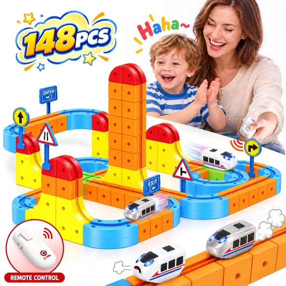Teblint Electric Train Set, 148Pcs Race Track Anti-Gravity 3D Train Track with Dual Motorized Cars & Remote Control, STEM Learning Building Toy Gift for Ages 3-8 Boys & Girls Birthday Christmas