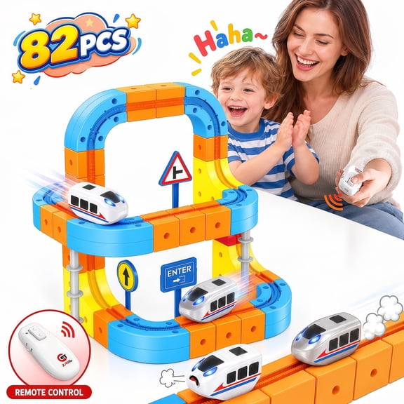 Teblint Electric Train Set, 82Pcs Race Track Anti-Gravity 3D Train Track with Dual Motorized Cars & Remote Control, STEM Learning Building Toy Gift for Boys & Girls Ages 3-8 Birthday Christmas