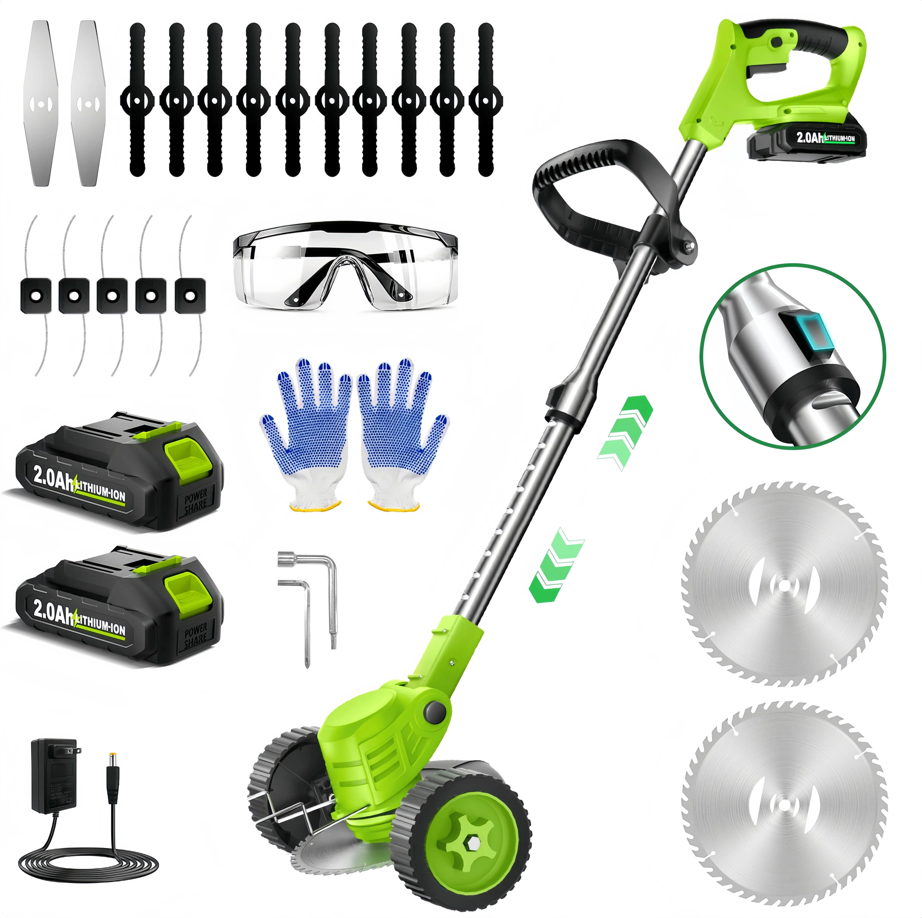 Teblint 800W Electric Weed Wacker, Cordless String Trimmer, Weed Eater Grass Trimmer/Edger/Cutter with Wheels, 2Pcs 21V Batteries, 4 Types of Blades, Adjustable Length for Lawn Yard Garden (Green)