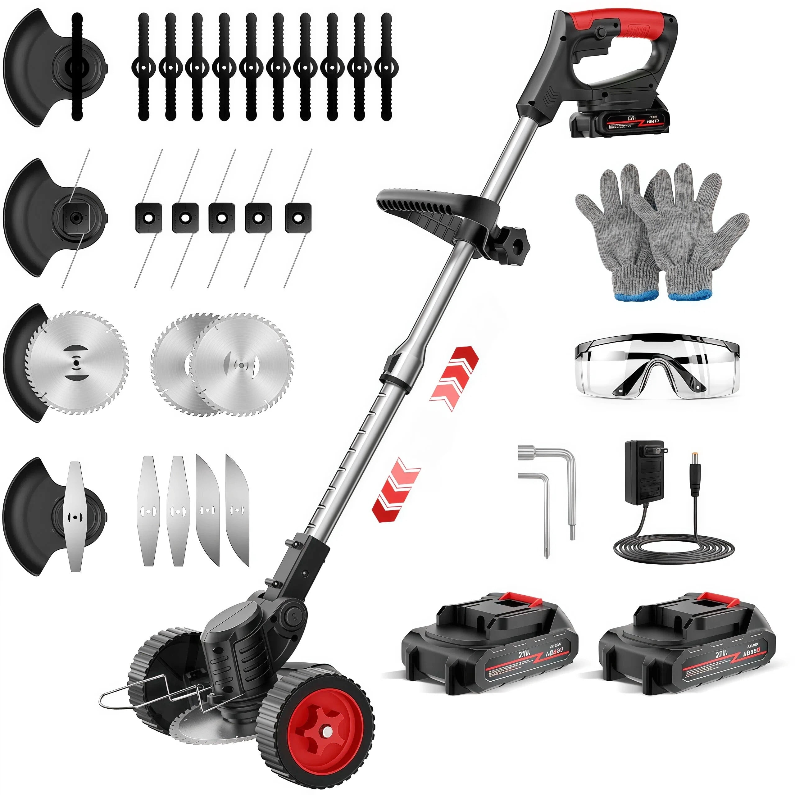 Teblint 650W Electric Weed Wacker, Cordless String Trimmer, Weed Eater Grass Trimmer/Edger/Cutter with Wheels, 2Pcs 21V Batteries, 5 Types of Blades, Adjustable Length for Lawn Yard Garden (Black)