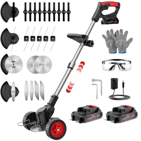 Teblint 650W Electric Weed Wacker, Cordless String Trimmer, Weed Eater Grass Trimmer/Edger/Cutter with Wheels, 2Pcs 21V Batteries, 5 Types of Blades, Adjustable Length for Lawn Yard Garden (Black)