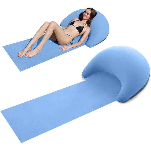 Teblint Inflatable Beach Mat with Pillow, Portable Beach Lounger Sandproof Waterproof, Foldable Camping Cushion Lightweight Foldable for Sunbathing Camping Travel 63"x27.6" (Blue)
