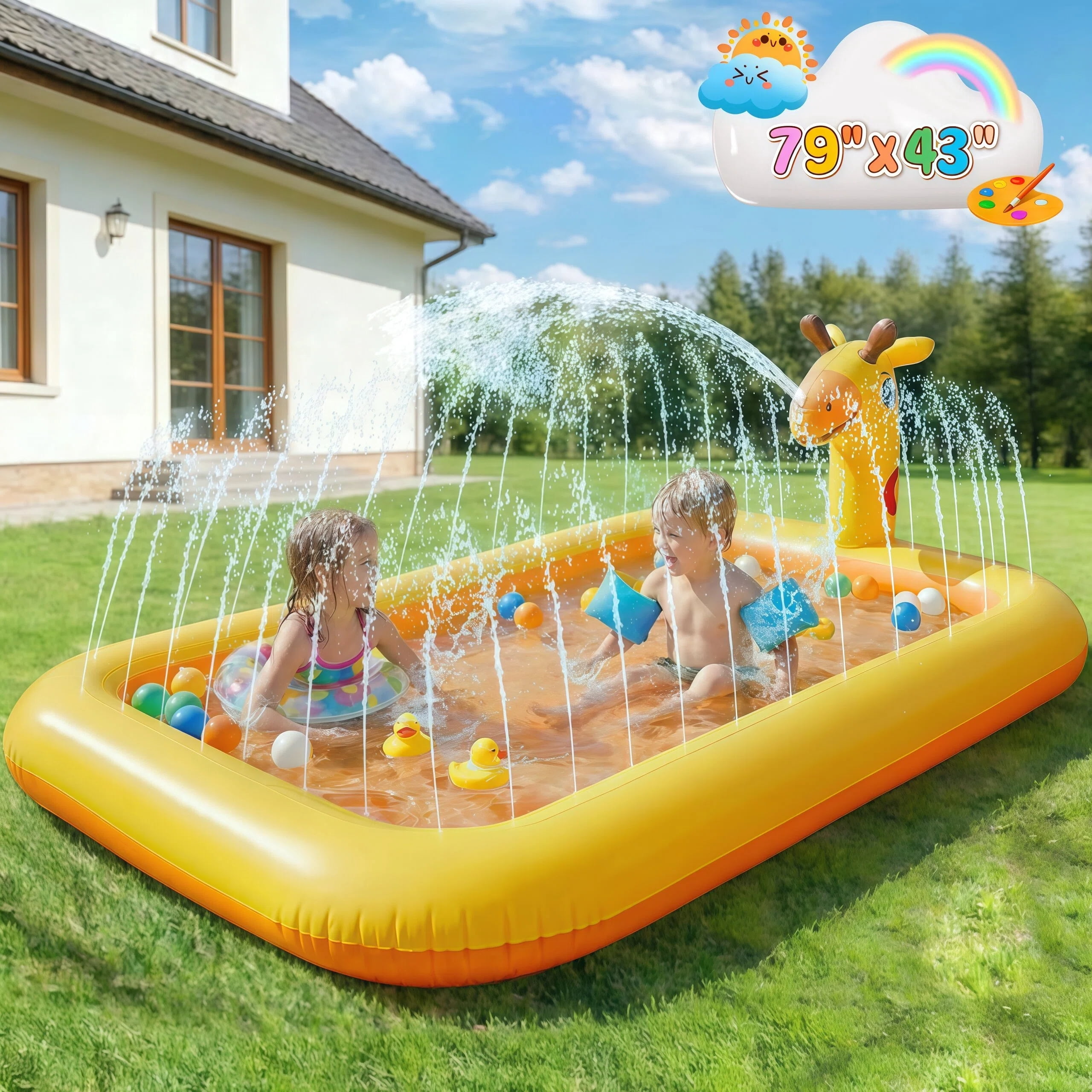 Teblint Giraffe Inflatable Pool, 78.74"x 43.3" x 5.9" Sprinkler Swimming Pool, Spray Kiddie Pool, Play Center Water Toys for Backyard Lawn, Above Ground, Outdoor