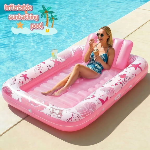 Teblint Inflatable Tanning Pool Rafts for Adults, 70" x 46" Pool Floats with Pillow, 4-in-1 Suntan Tub Raft Floatie, Sunbathing Bed Lounge for Water Backyard, Blow up Kids' Ball Pit, Pink