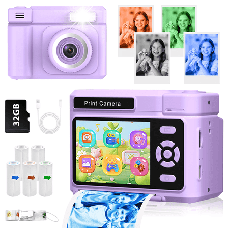 Teblint 2.4" Kids Camera Instant Print, 48MP & 1080P HD Digital Camera with 32GB Card, 4-Color Print Paper, Christmas Birthday Gifts for Boys & Girls Age 3-12, Purple