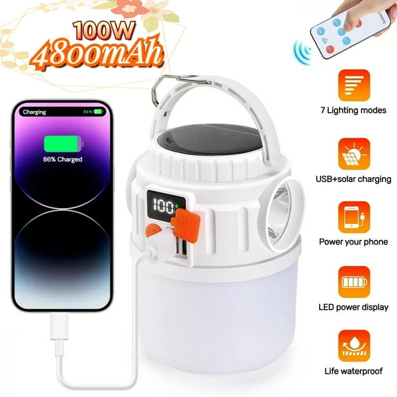 Teblint LED Camping Lantern, 7 Light Modes Camping Light, 4800mAh Solar Tent Lights with Flashlight, Rechargeable Emergency Lantern for Power Outage Hurricane Hiking Fishing, Camping Essentials White