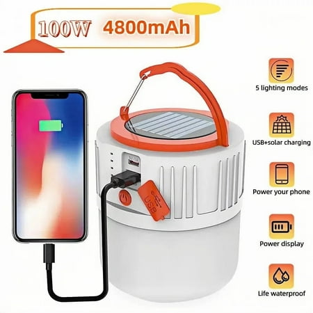Teblint LED Camping Lantern Rechargeable, LED Tent Light, 5 Light Modes 4800mAh Power Bank, Solar Camp Lantern for Equipment Charging, Life Saving, Camping, Hiking, Fishing, Shelters