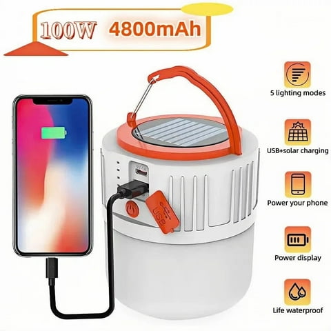 Teblint LED Camping Lantern Rechargeable, LED Tent Light, 5 Light Modes 4800mAh Power Bank, Solar Camp Lantern for Equipment Charging, Life Saving, Camping, Hiking, Fishing, Shelters