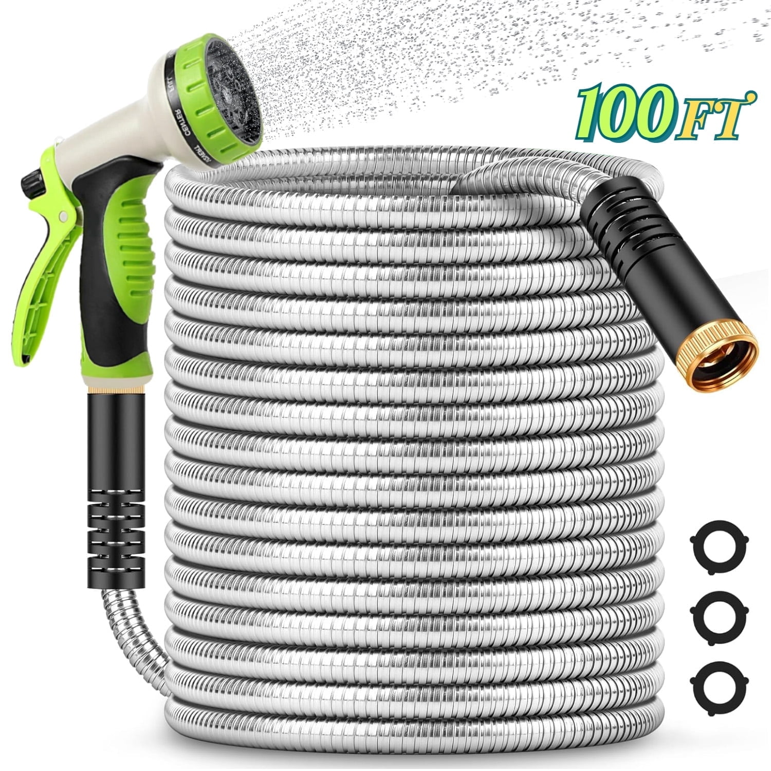 Teblint Metal Garden Hose 100ft, 304 Stainless Steel Garden Hose, Heavy Duty Water Hoses with 10 Function Hose Nozzle, Flexible, No Kink & Tangle, Puncture Proof Hose for Yard, Outdoors, Rv