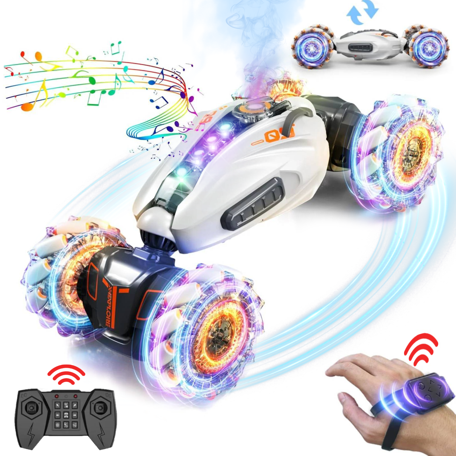 Teblint RC Stunt Cars, 2.4GHz 4WD Remote Control Cars, Gesture Sensing Toy Cars, Double Sided Driving, 360Â°Rotation, Hand-Controlled Car with Spray, Music & Lights, Gifts for Boys & Girls (Gray)