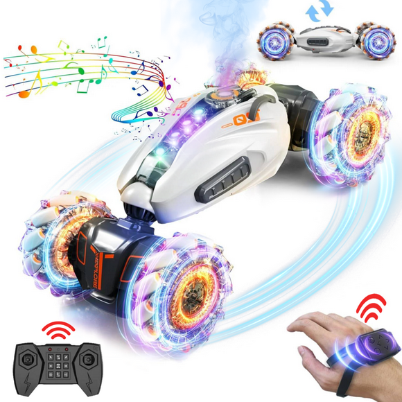 Teblint RC Stunt Cars, 2.4GHz 4WD Remote Control Cars, Gesture Sensing Toy Cars, Double Sided Driving, 360°Rotation, Hand-Controlled Car with Spray, Music & Lights, Gifts for Boys & Girls (Gray)