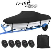 Teblint Waterproof Boat Cover, 17-19ft Trailerable Boat Cover, 420D Heavy Duty Oxford Mooring Cover for V-Hull Boat Runabouts with 5 Straps, Storage Bag (Black)