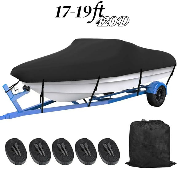 Teblint Waterproof Boat Cover, 17-19ft Trailerable Boat Cover, 420D Heavy Duty Oxford Mooring Cover for V-Hull Boat Runabouts with 5 Straps, Storage Bag (Black)