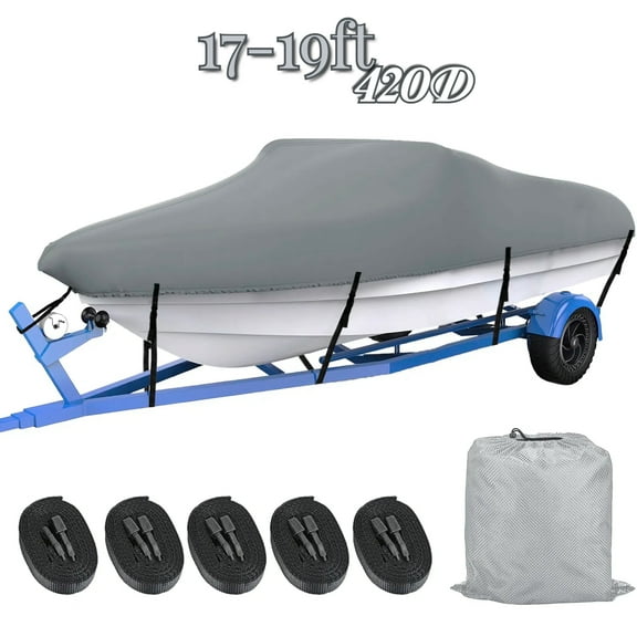 Teblint Waterproof Boat Cover, 17-19ft Trailerable Boat Cover, 420D Heavy Duty Oxford Mooring Cover for V-Hull Boat Runabouts with 5 Straps, Storage Bag (Gray)