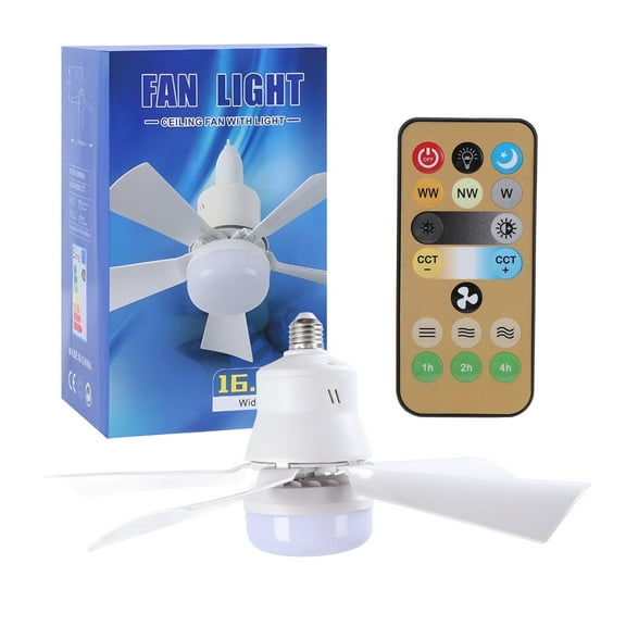 Socket Fan Light with Remote, 16” Screw Ceiling Fans with 3-Speeds, Dimmable LED, E26/E27 Base, Socket Fan Ceiling Fan for Garage Bathroom Bedroom Kitchen, White Round Lamp