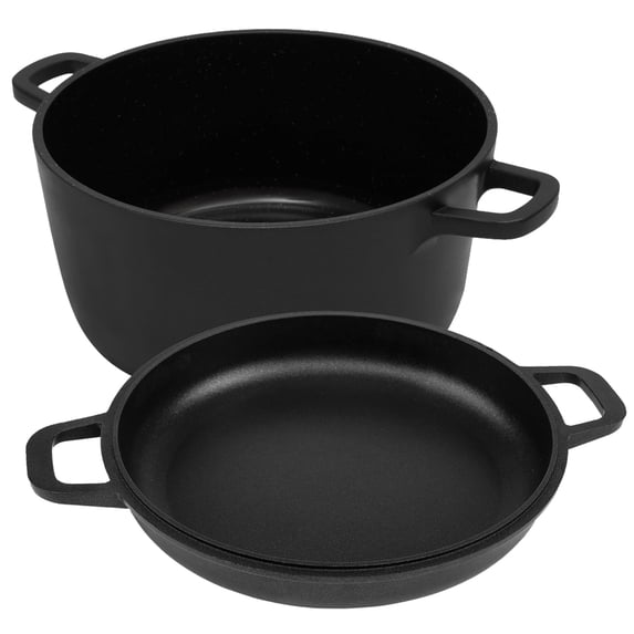 Tebru 2-in-1 Pre-Seasoned Cast Iron Double Dutch Oven with Lid - Dual Handles - Enameled Cast Iron Pot Cookware - Use in the Oven, on the Stove, on the Grill or over the Campfire - Black, 5QT
