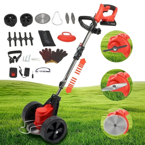 Tebru 3 in 1 Electric Cordless Weed Eater Wacker, Grass Trimmer Weed Lawn Edger Eater with Upgraded Wheels, 21V Foldable Weed Wacker, Adjustable Handle & 3 Types Blades