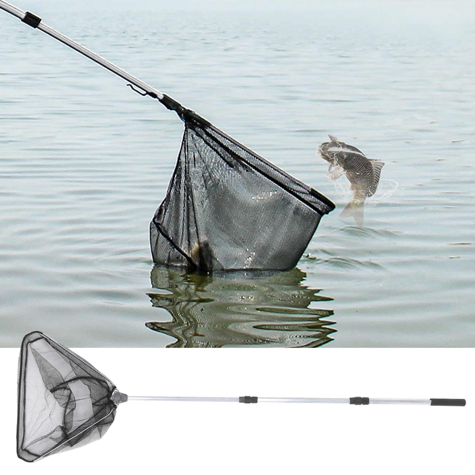 Tebru FTVOGUE Fishing Landing Net,Telescoping Pole Handle Fishing Net,1.5M  Durable Triangular Folding Aluminum Alloy Fishing Landing Net with  Telescoping Pole Handle 