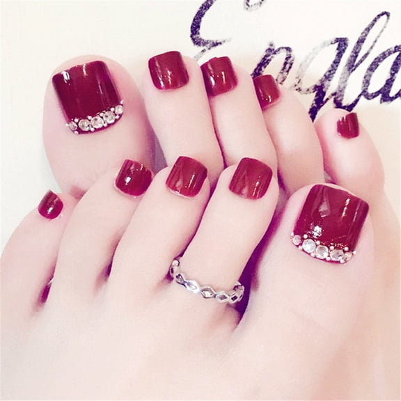Tebru False Toenails, Artificial Toenails, Fashion Flower Pattern Decoration Nail Cover Nail Tips Nail Art Decorations With Glue, Artificial Fake Toenails, 24 Pcs (Red)
