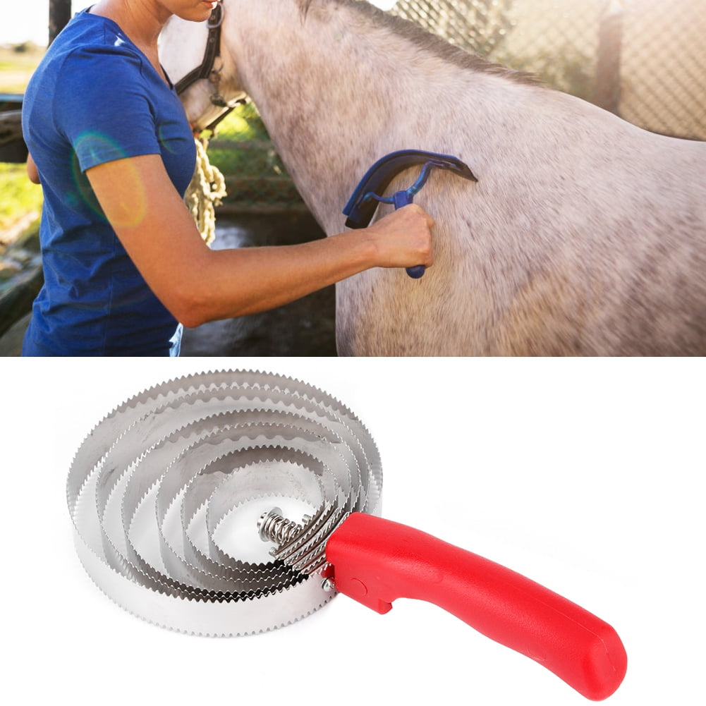 Tebru Horse Itching Brush,Metal Livestock Itching Brush Curry Shedding Comb with Soft Hand Grip for Large Horse Six Stainless Steel Ringed,Livestock Itching Brush
