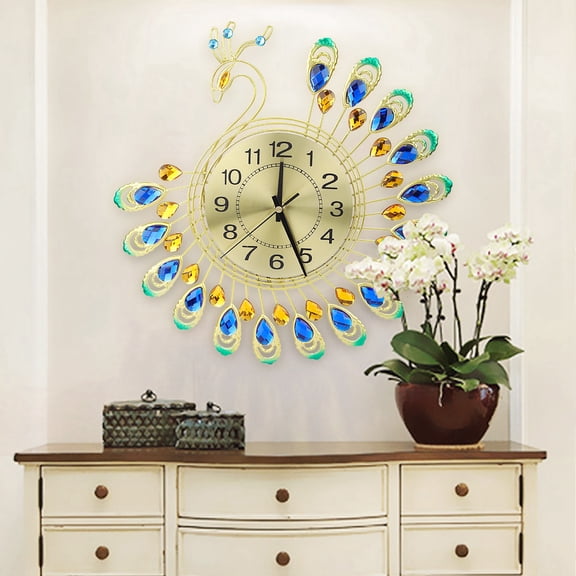 Tebru Iron Modern Wall Clock Large 3D Peacock Shape Non Ticking Silent Clock For Living Room Decor, Iron Clock