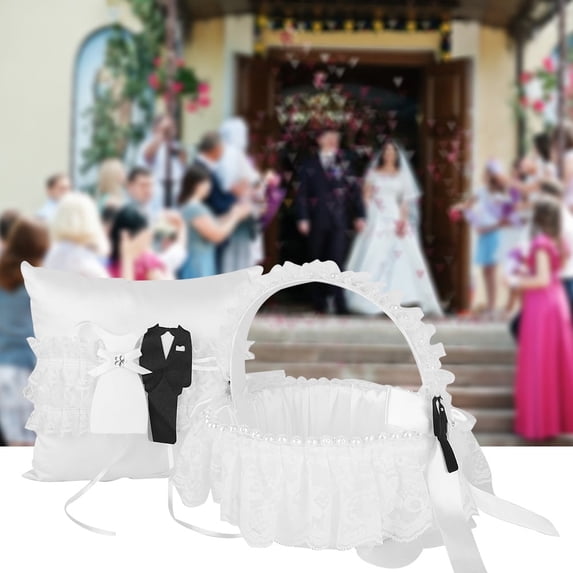 Tebru Wedding Ring Pillow,Wedding Bridal Girl Flower Basket and Ring Pillow Set Ring Bearer Cushion Lace Pillow for Wedding Engagement,Wedding Girl Flower Basket