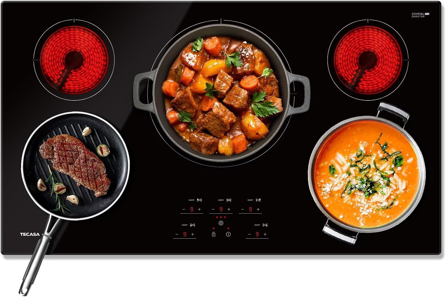Tecasa 36 Inch 5 Burners Smooth Surface (Radiant) Electric Ceramic Cooktop, 9000 W Built-In Stove Top with Tri-Ring Element and Touch Control, Black