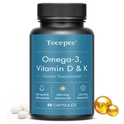 Tecepec Omega 3 Fish Oil Capsules with Vitamin D3 & Vitamin K2 MK7, EPA & DHA Daily Wellness Supplement, 60 Softgels