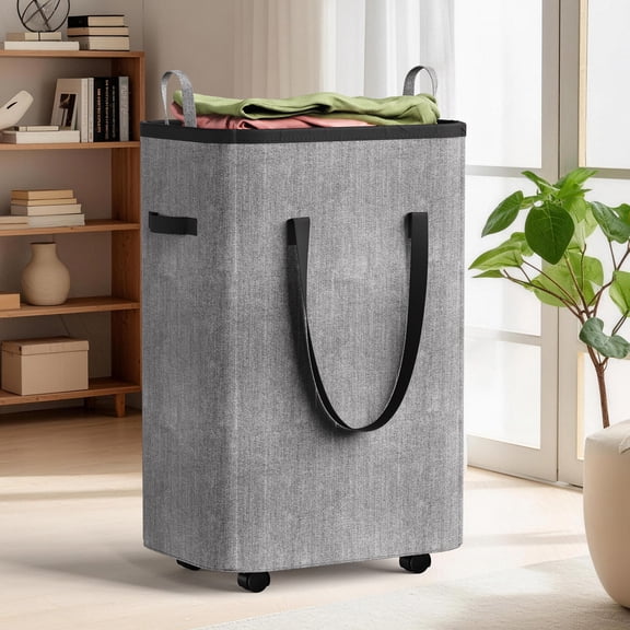 Tecfino Laundry Hamper with Wheels, 80L Rolling Laundry Basket with Removable Wash Bag and Storage Pocket, Collapsible Dirty Clothes Basket for Bedroom, Bathroom, Laundry Room - Gray
