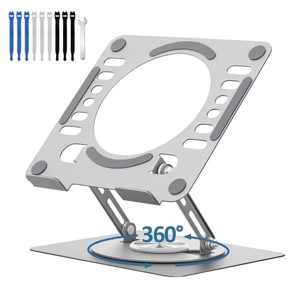 Tecfino Swivel Laptop Stand for Desk, 360° Rotating Adjustable Metal Computer Stand with Cooling Ventilation, Foldable Laptop Riser and Holder for 10-17 inch Devices, Sliver