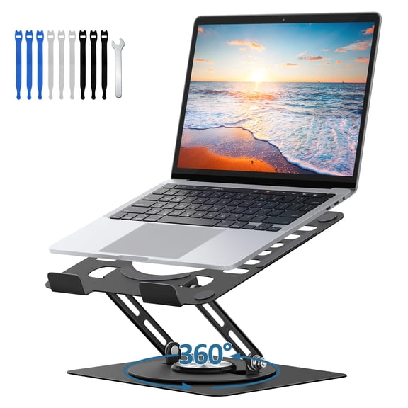 Tecfino Swivel Laptop Stand for Desk, 360° Rotating Adjustable Metal Computer Stand with Cooling Ventilation, Foldable Laptop Holder and Laptop Riser for 10-17 Inch Devices, Black