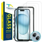 Tech Armor 3 Pack Screen Protector + Camera Lens Protector for iPhone 15 6.1 inch - Ballistic Tempered Glass, Case Friendly, Sensor Protection, HD, 9H Hardness
