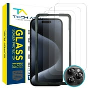 Tech Armor 3 Pack Screen Protector + Camera Lens Protector for iPhone 15 Pro 6.1 inch - Ballistic Tempered Glass, Case Friendly, Sensor Protection, HD, 9H Hardness