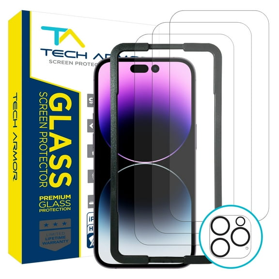 Tech Armor HD Clear Camera Lens Protector and Ballistic Glass Screen Protector Designed For iPhone 14 Pro 6.7 Inch 3 Pack Tempered Glass 2022 with Camera Lens