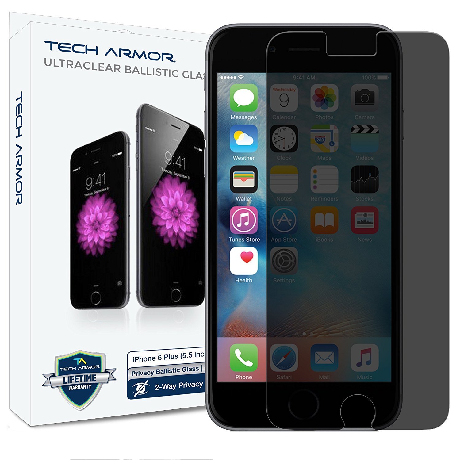 Tech Armor Privacy Ballistic Glass Screen Protector Designed for Apple iPhone 6 Plus and iPhone 6s Plus 5.5 Inch 1 Pack Tempered Glass - image 1 of 3