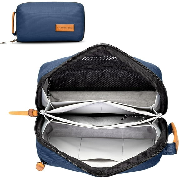 Tech Bag Organizer - Small Electronics Organizer Pouch for Travel - Premium Travel Case with Leather Accents - Mesh Pocket for Cables, Cords and Chargers (Navy)