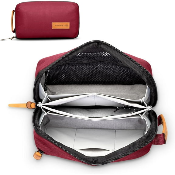 Tech Bag Organizer - Small Electronics Organizer Pouch for Travel - Premium Travel Case with Leather Accents - Mesh Pocket for Cables, Cords and Chargers (Red)