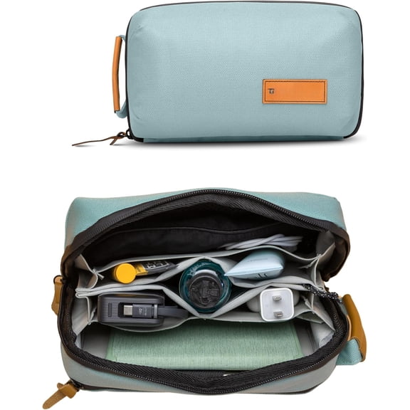 Tech Bag Organizer - Small Electronics Organizer Pouch for - Case with Leather Accents - Mesh Pocket for Cables, Cords and Chargers (Dusty Teal)