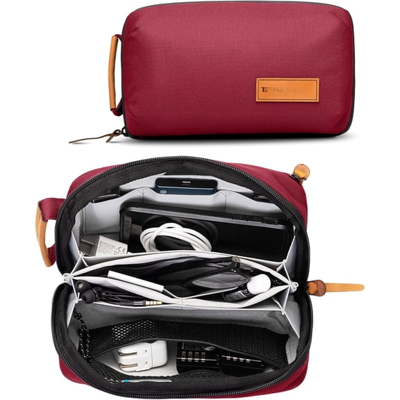 Tech Bag Organizer - Small Electronics Organizer Pouch for  -   Case with Leather Accents - Mesh Pocket for Cables, Cords and Chargers (Red)