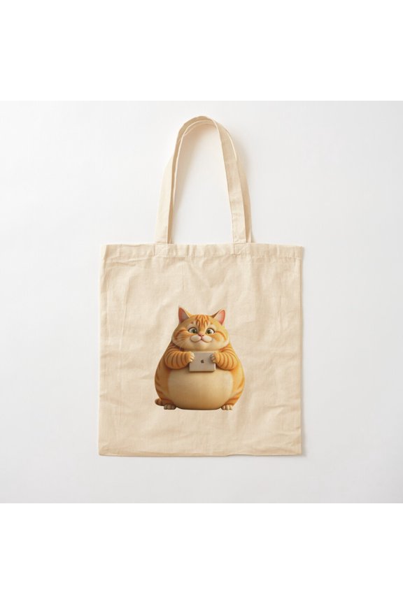 Tech Cat, Chubby Cat Holding A Tablet Canvas Tote Bags, Reusable Shopping Bag